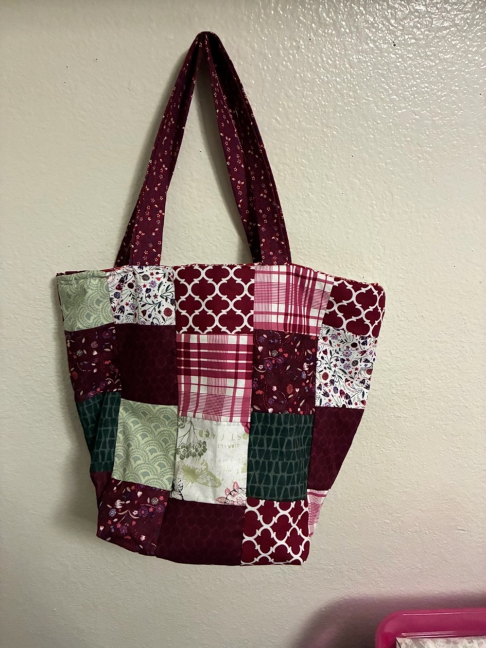 Patchwork Quilted Tote Bag in Burgundy, Green, Cream, and Pink